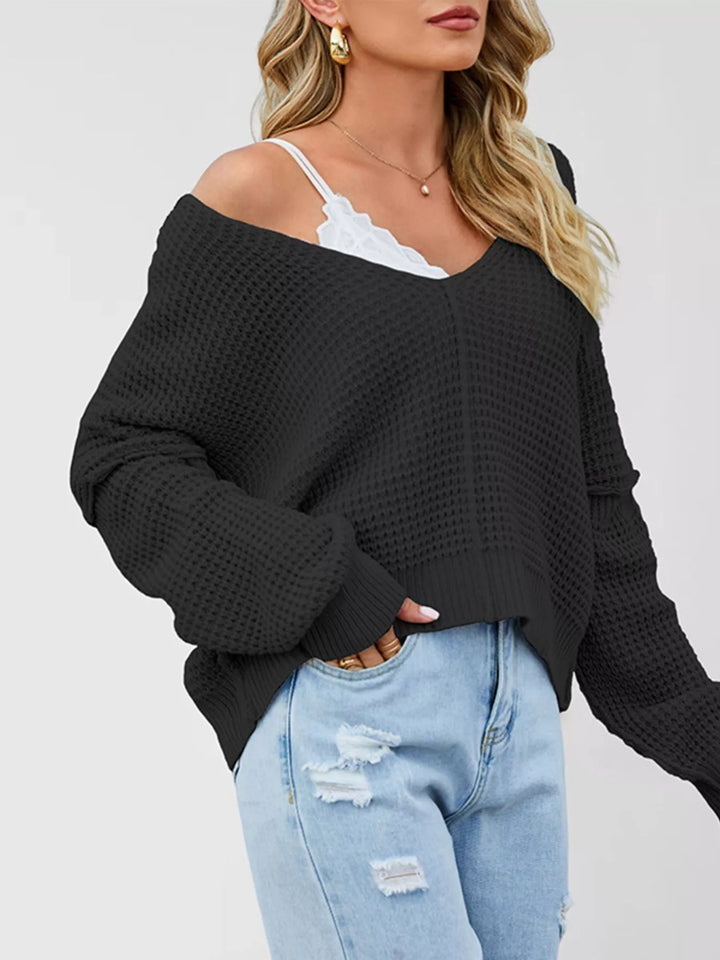 Waffle knit drop shoulder sweater with ribbed cuffs