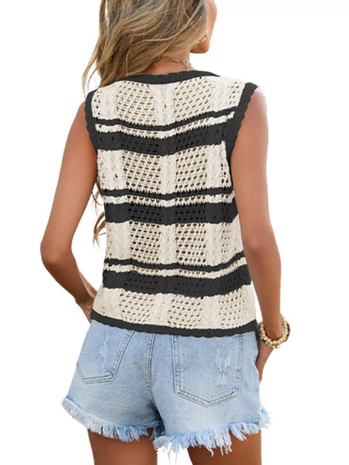 Striped open-knit tie-front sleeveless cardigan