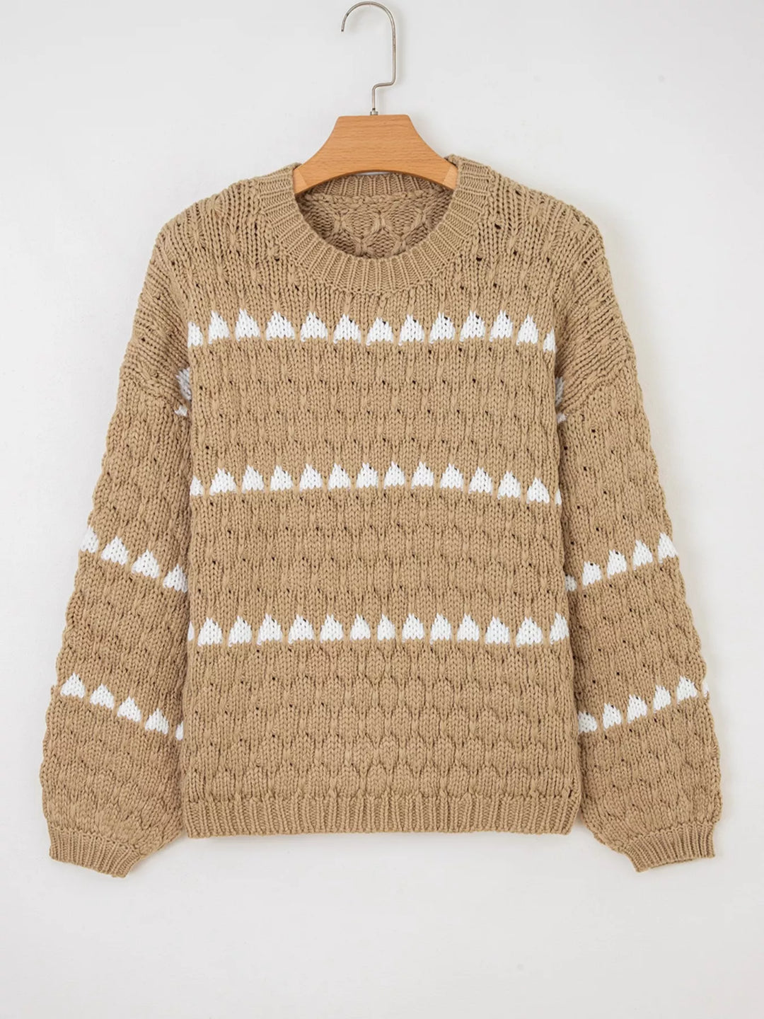 Textured knit puff sleeve sweater with contrast stripe detail