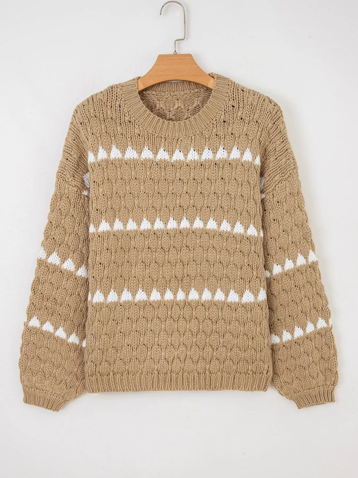 Textured knit puff sleeve sweater with contrast stripe detail