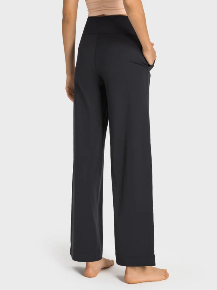 High-waist drawstring wide leg pants with patch pockets