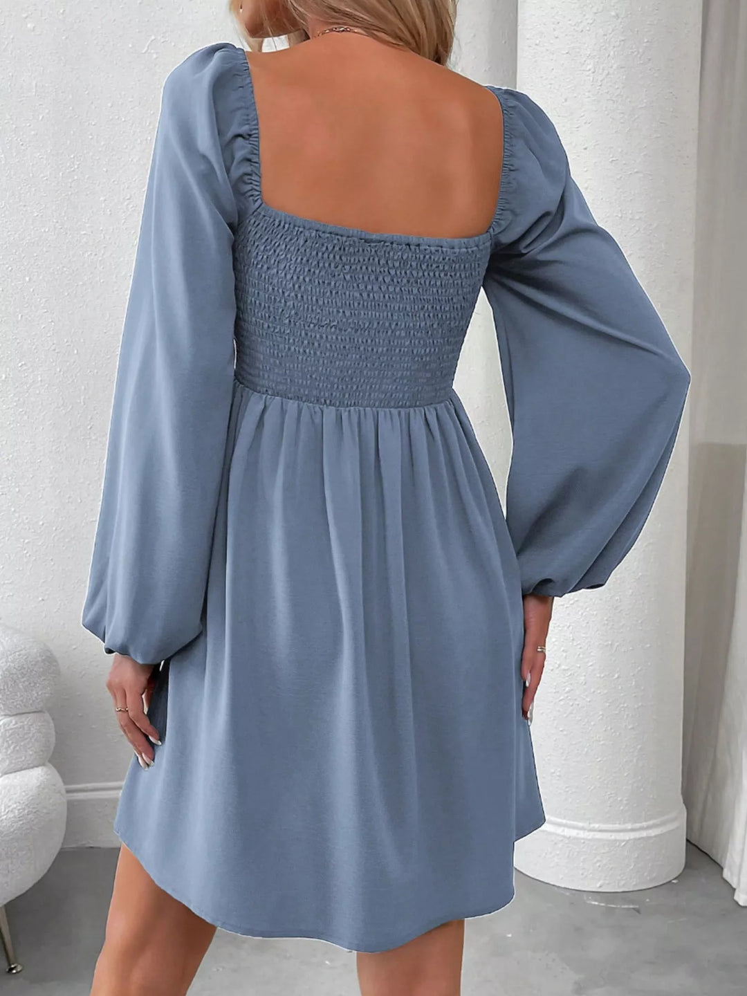 Ruched square-neck balloon sleeve A-line mini dress