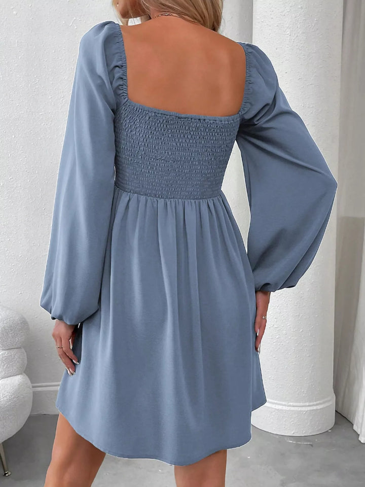 Ruched square-neck balloon sleeve A-line mini dress