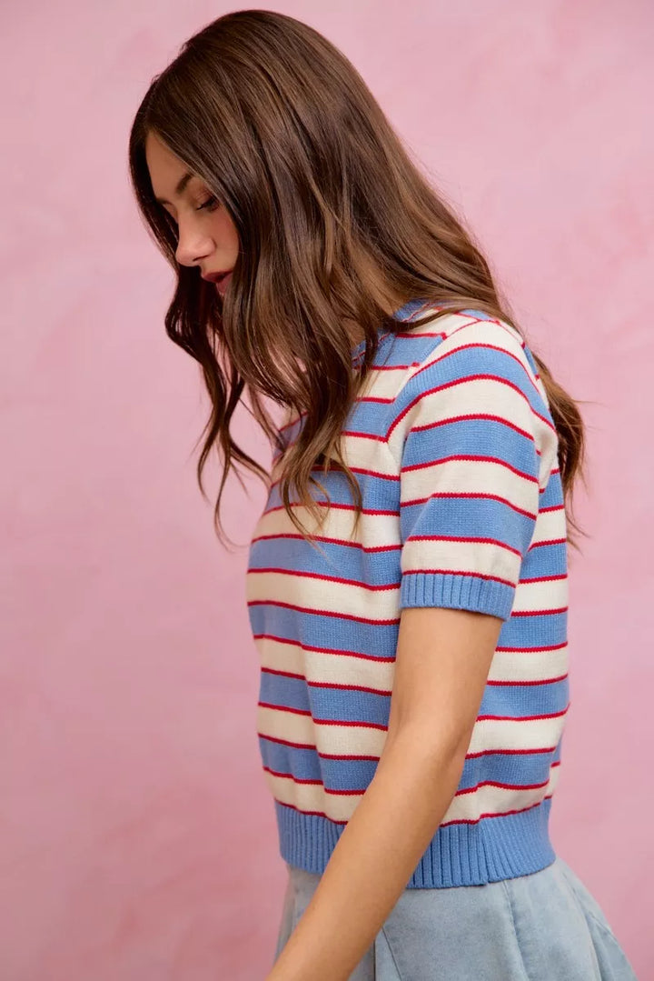 Striped ribbed knit short sleeve crew neck sweater top