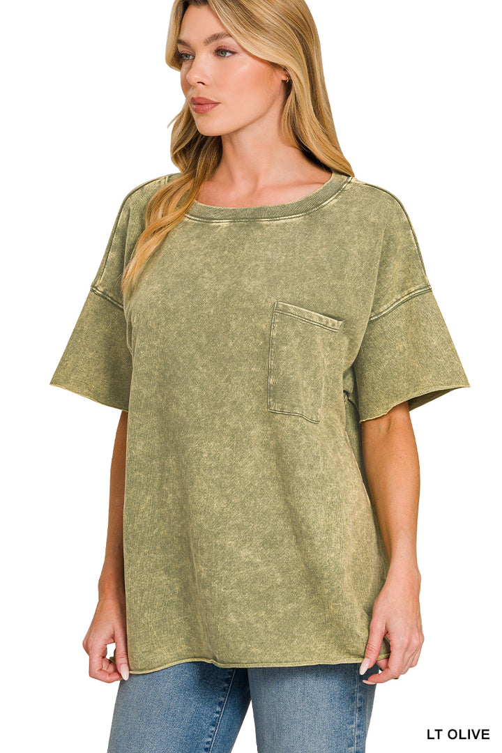 Washed french terry drop-shoulder pocket top