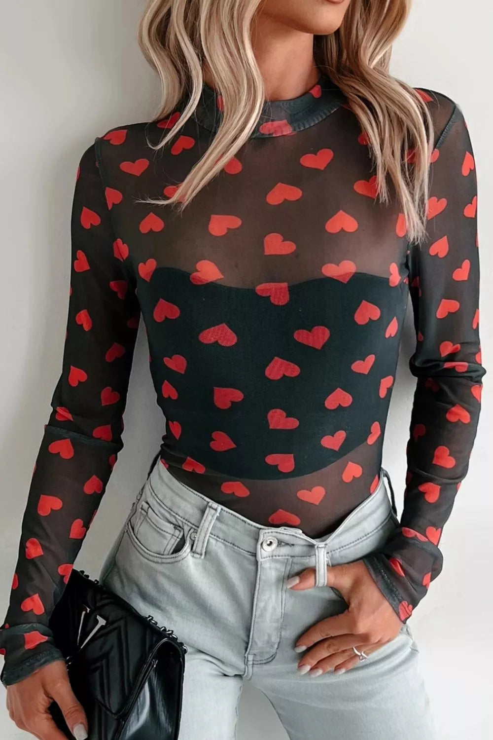 Heart print sheer mesh mock neck long sleeve crop top