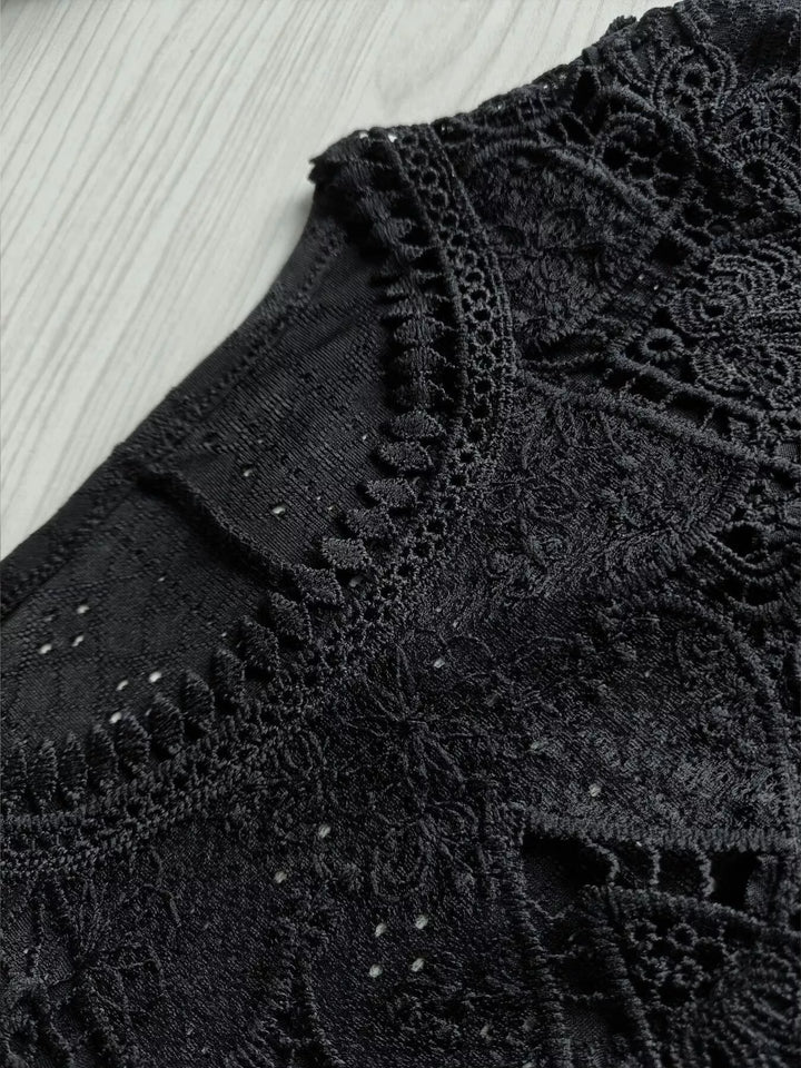 Lace yoke long sleeve top with textured eyelet knit