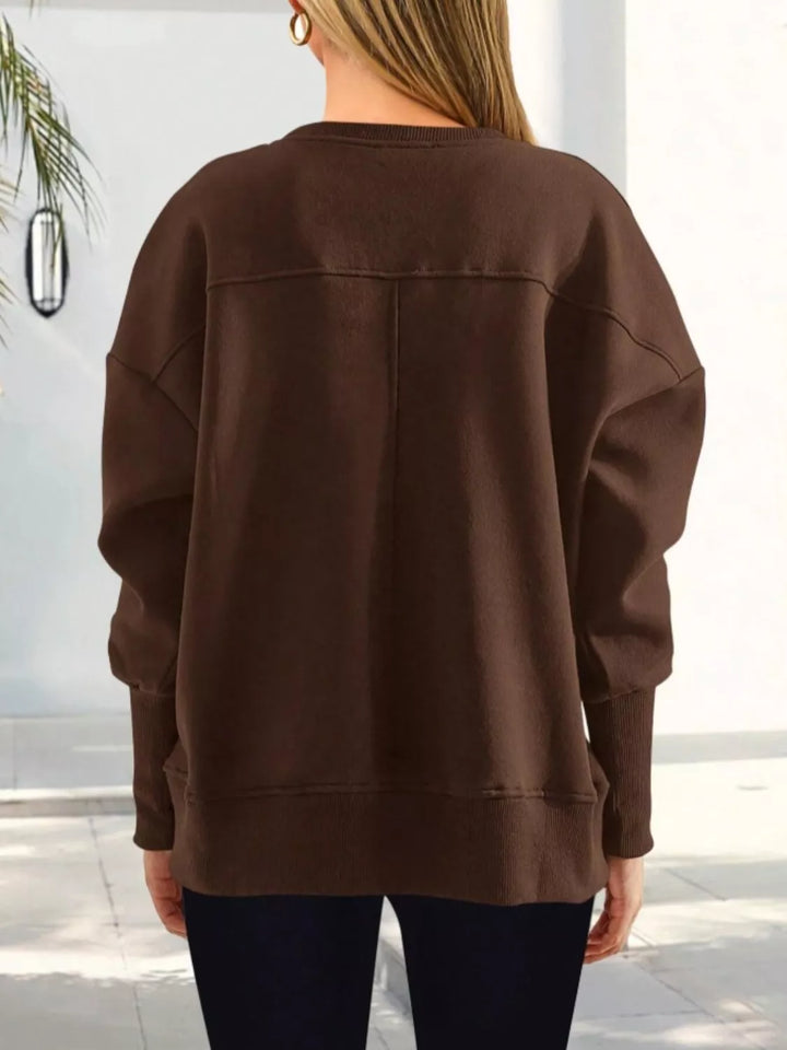 Side slit drop-shoulder relaxed crewneck sweatshirt