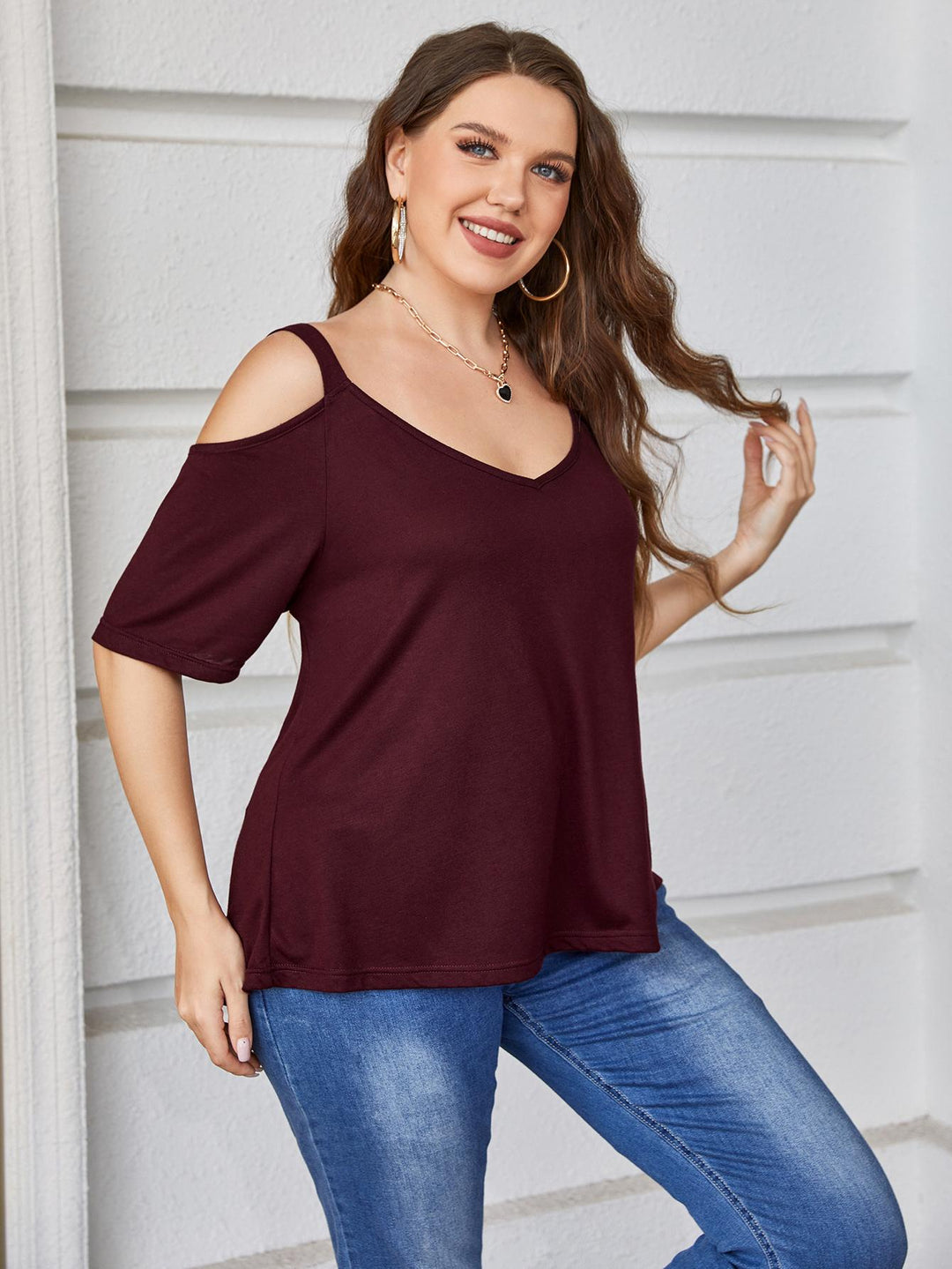 Plus size cold-shoulder V-neck short sleeve top