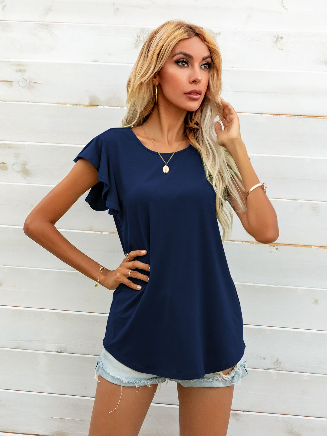 Ruffled butterfly cap sleeve round neck top