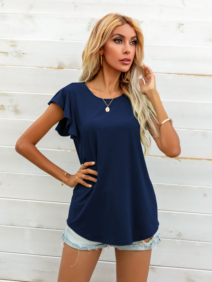 Ruffled butterfly cap sleeve round neck top