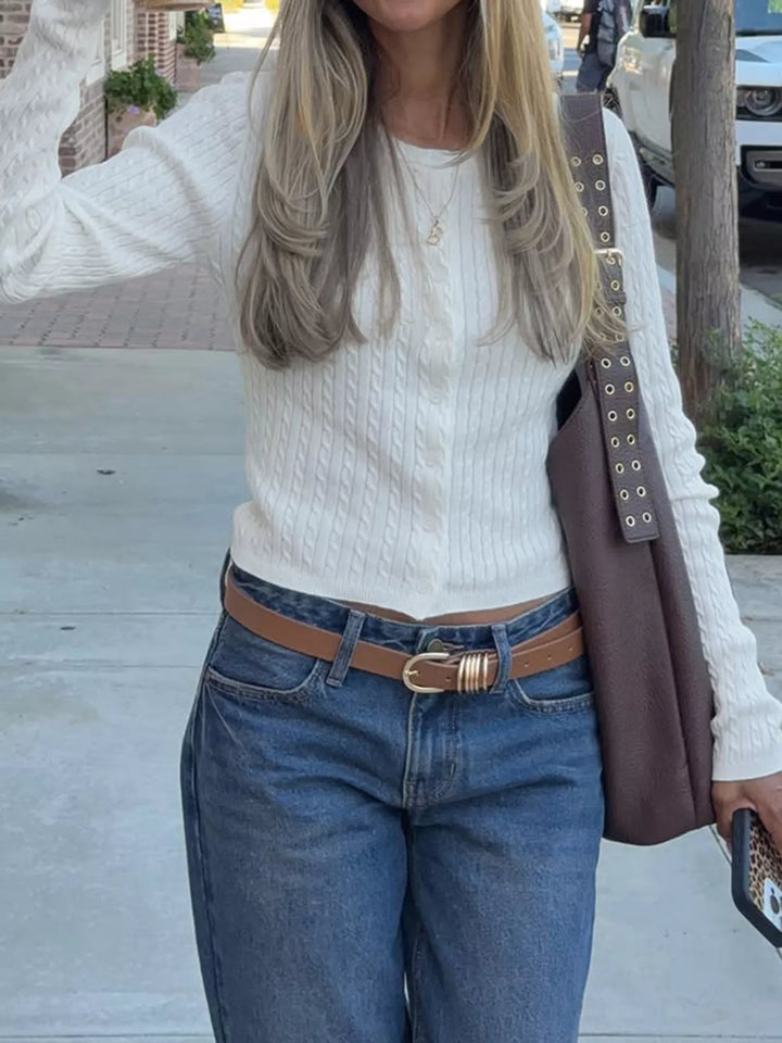 Cable knit button-front cropped cardigan with crew neck