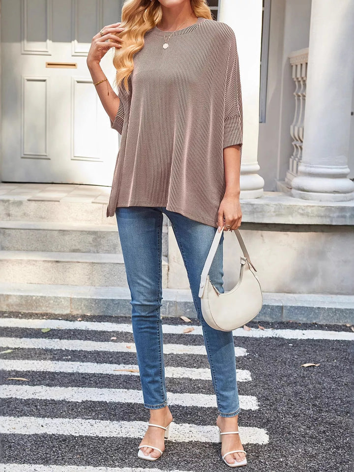 Ribbed knit dolman-sleeve relaxed crew neck top