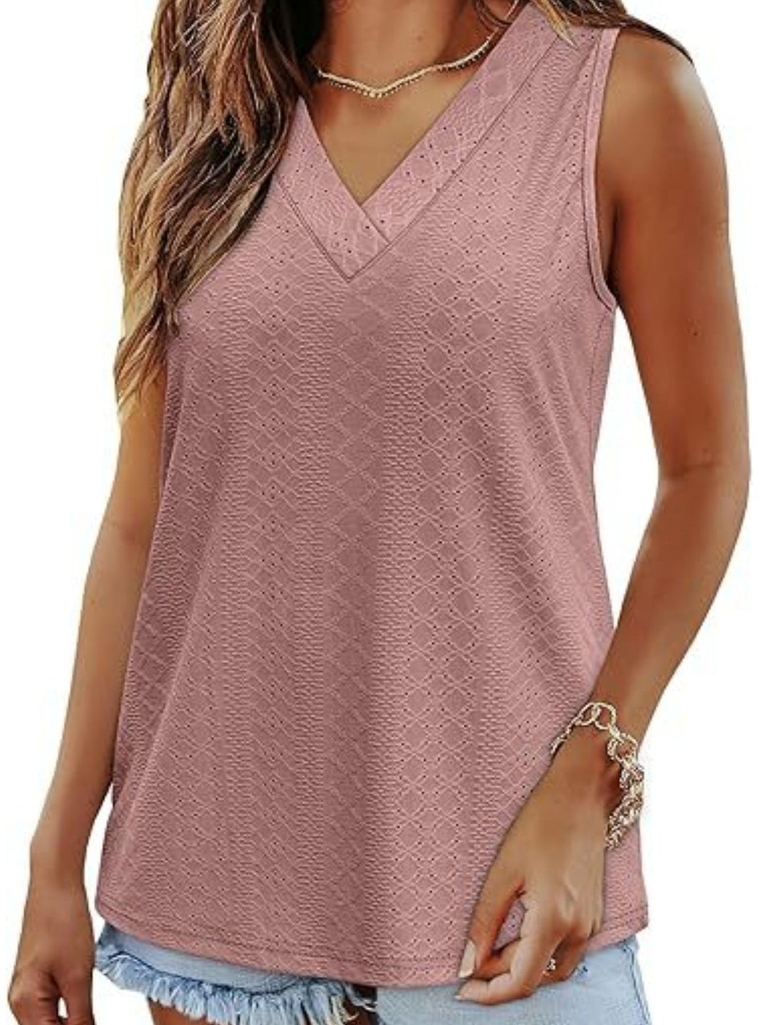 Dusty Pink Eyelet V-neck sleeveless tank with diamond texture