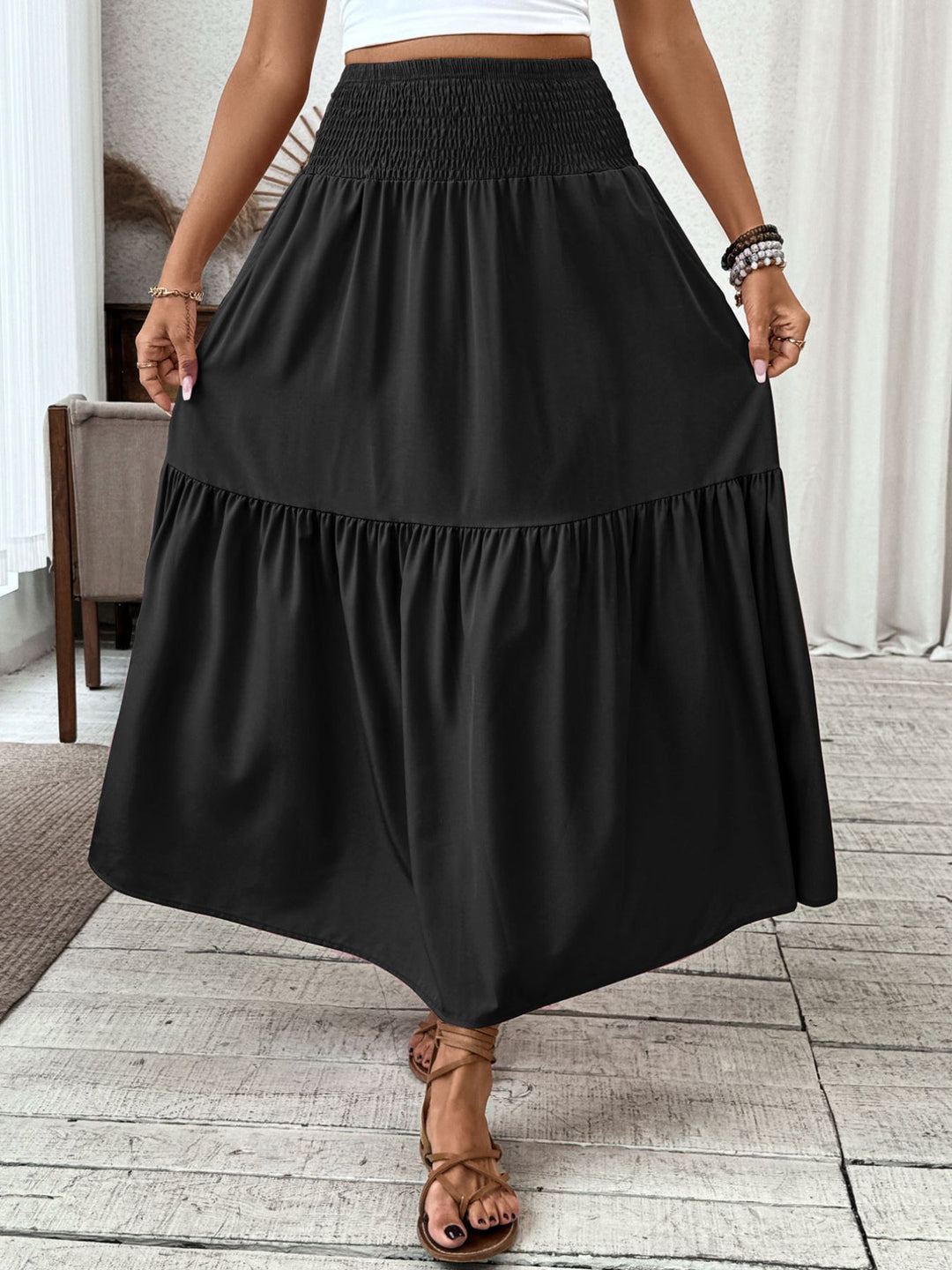 Smocked high-waist tiered ruffle maxi skirt