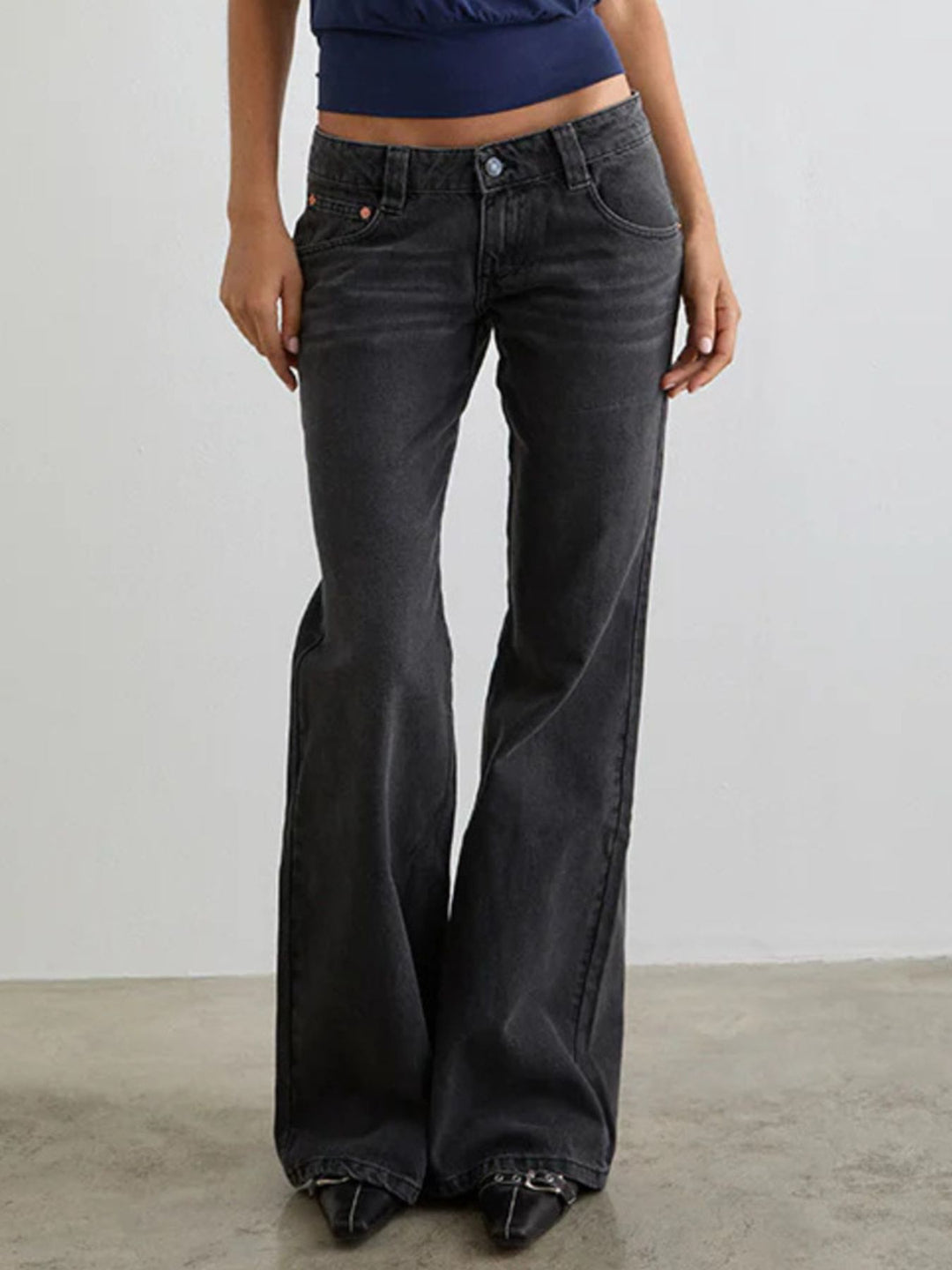 Low-rise washed denim flare leg jeans with 5-pocket styling