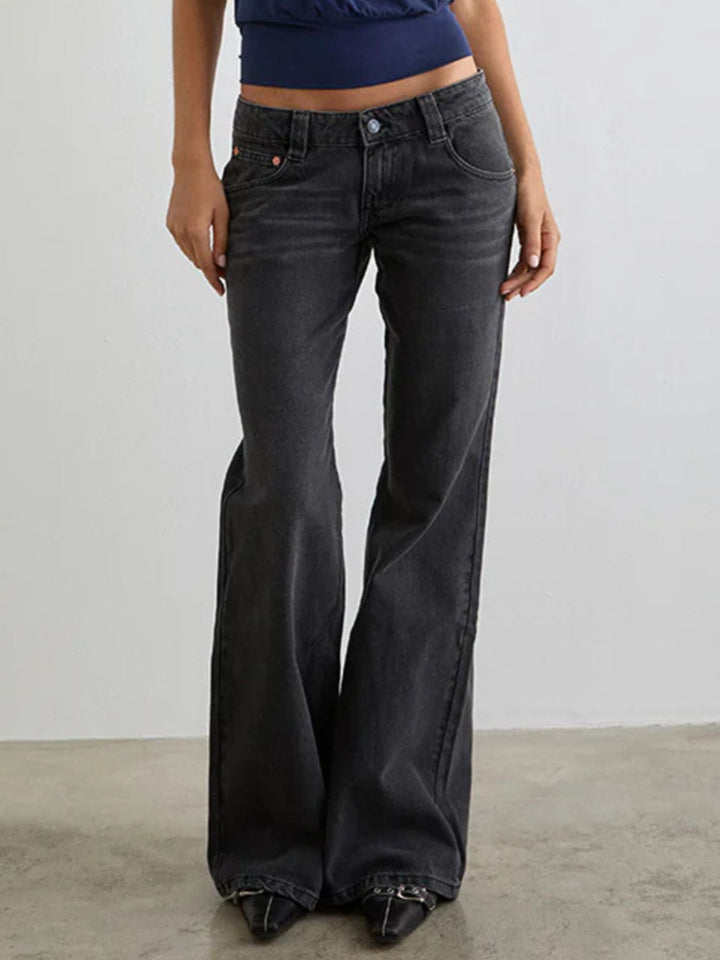 Low-rise washed denim flare leg jeans with 5-pocket styling