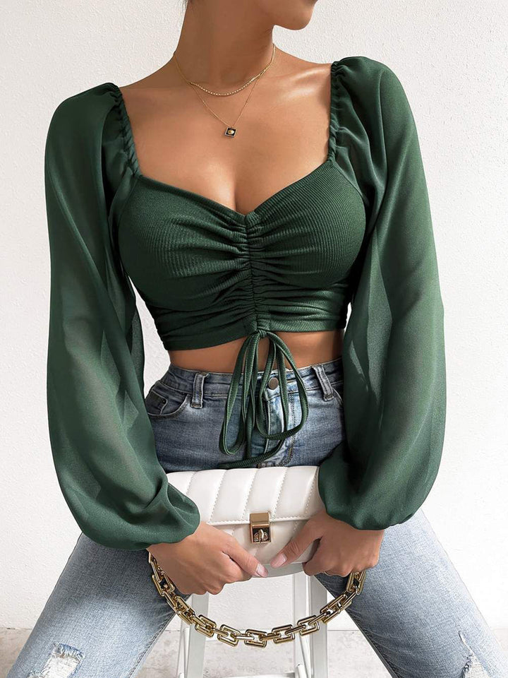 Army Green Drawstring sweetheart neck crop top with sheer sleeves