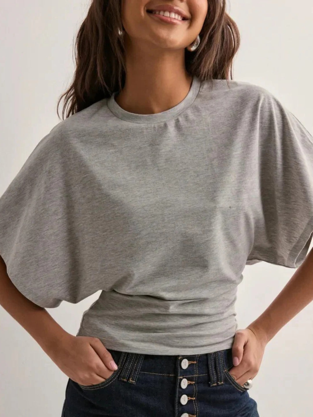 Gray Batwing sleeve crop top with fitted waist and crew neck