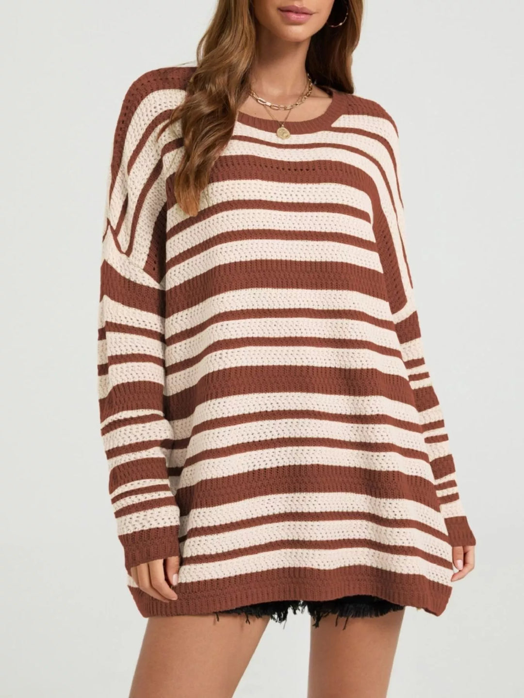 Rust Striped open-knit drop shoulder oversized sweater