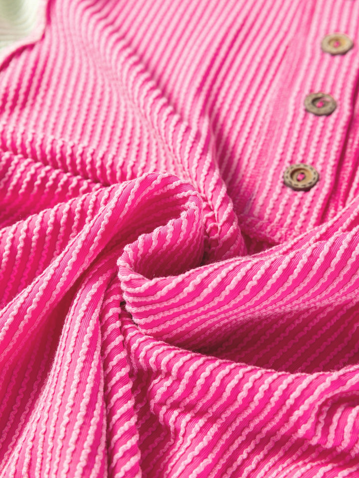 Color-block ribbed henley top with wood button placket