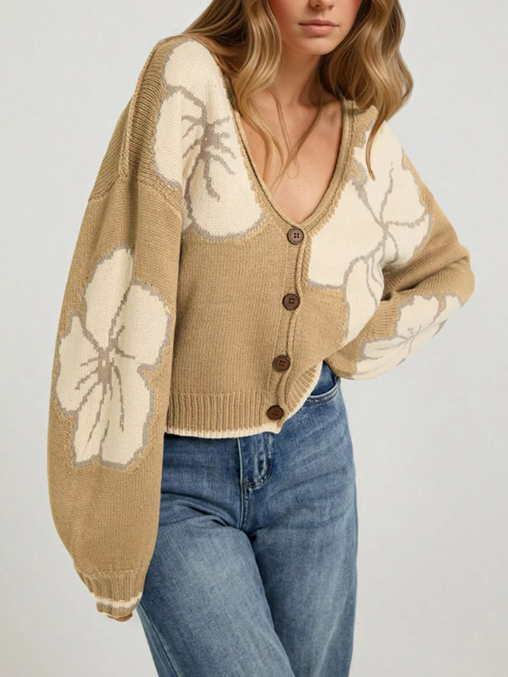 Floral intarsia knit cardigan with deep V-neck and buttons