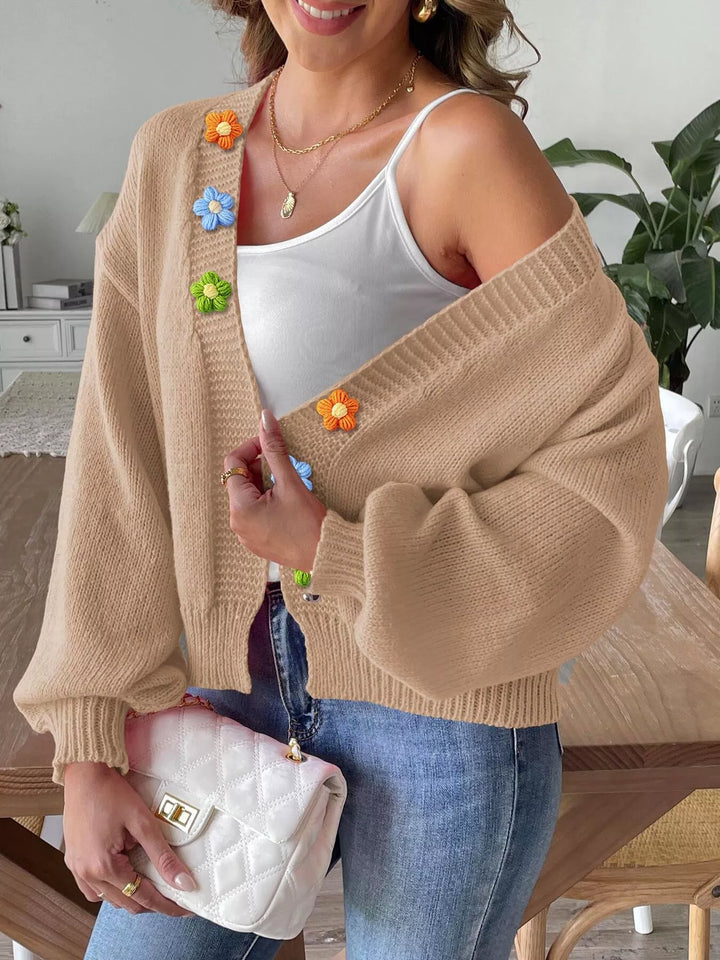 Floral applique open front knit cardigan with ribbed trim