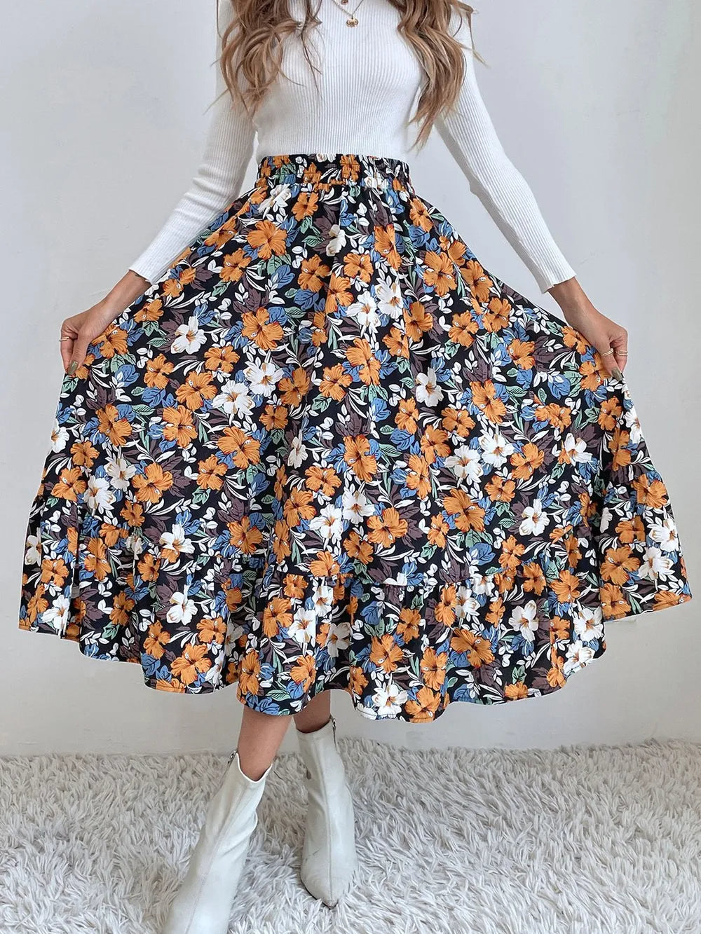 Sherbet Flared ruffle-tier midi skirt with elastic waist