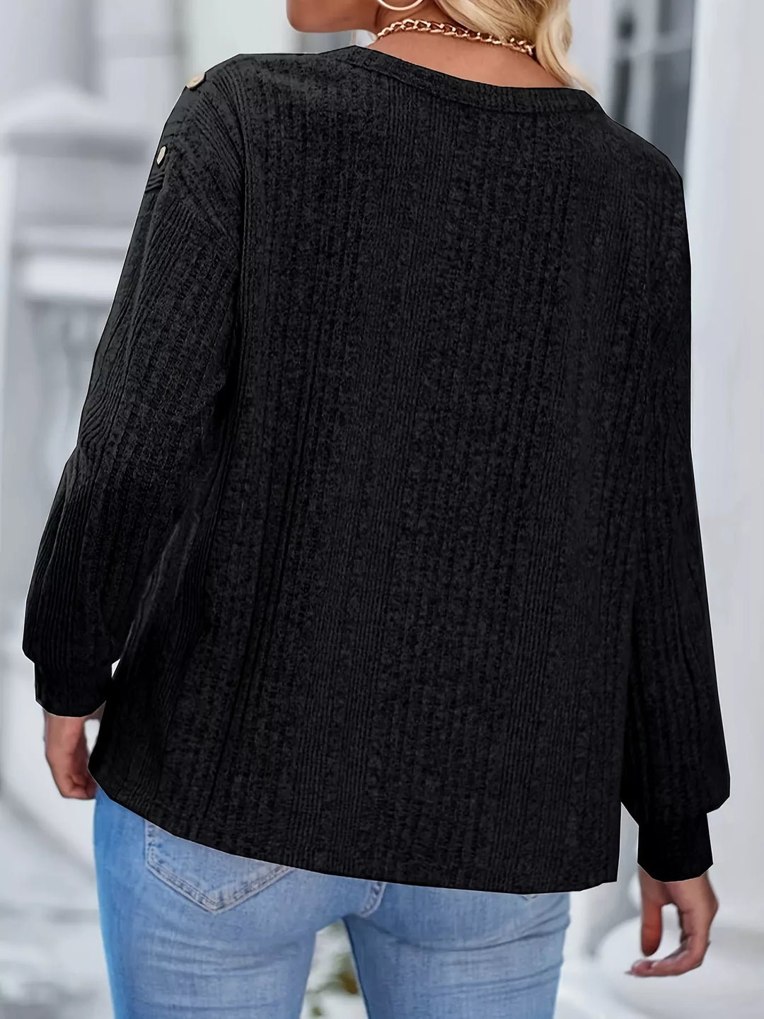 Ribbed knit boat neck top with shoulder buttons