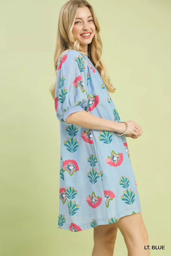 Floral block print V-neck mini dress with puff sleeves