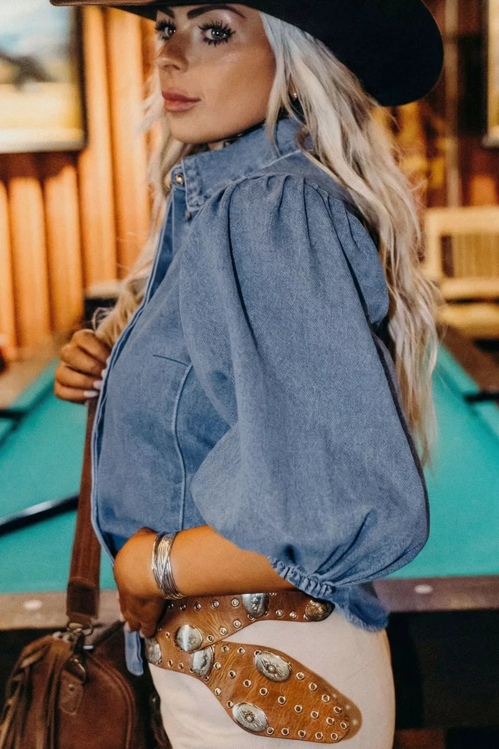 Puff half-sleeve collared denim button-down shirt