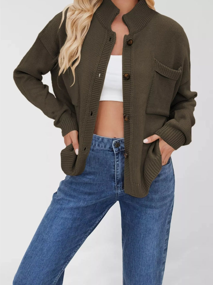 Army Green Dropped shoulder button-up knit cardigan with chest pocket