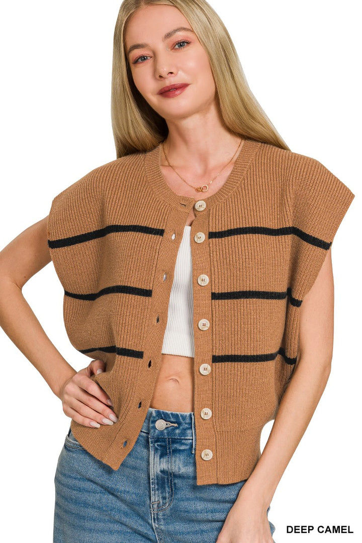 Ribbed knit striped sweater vest with button-down front