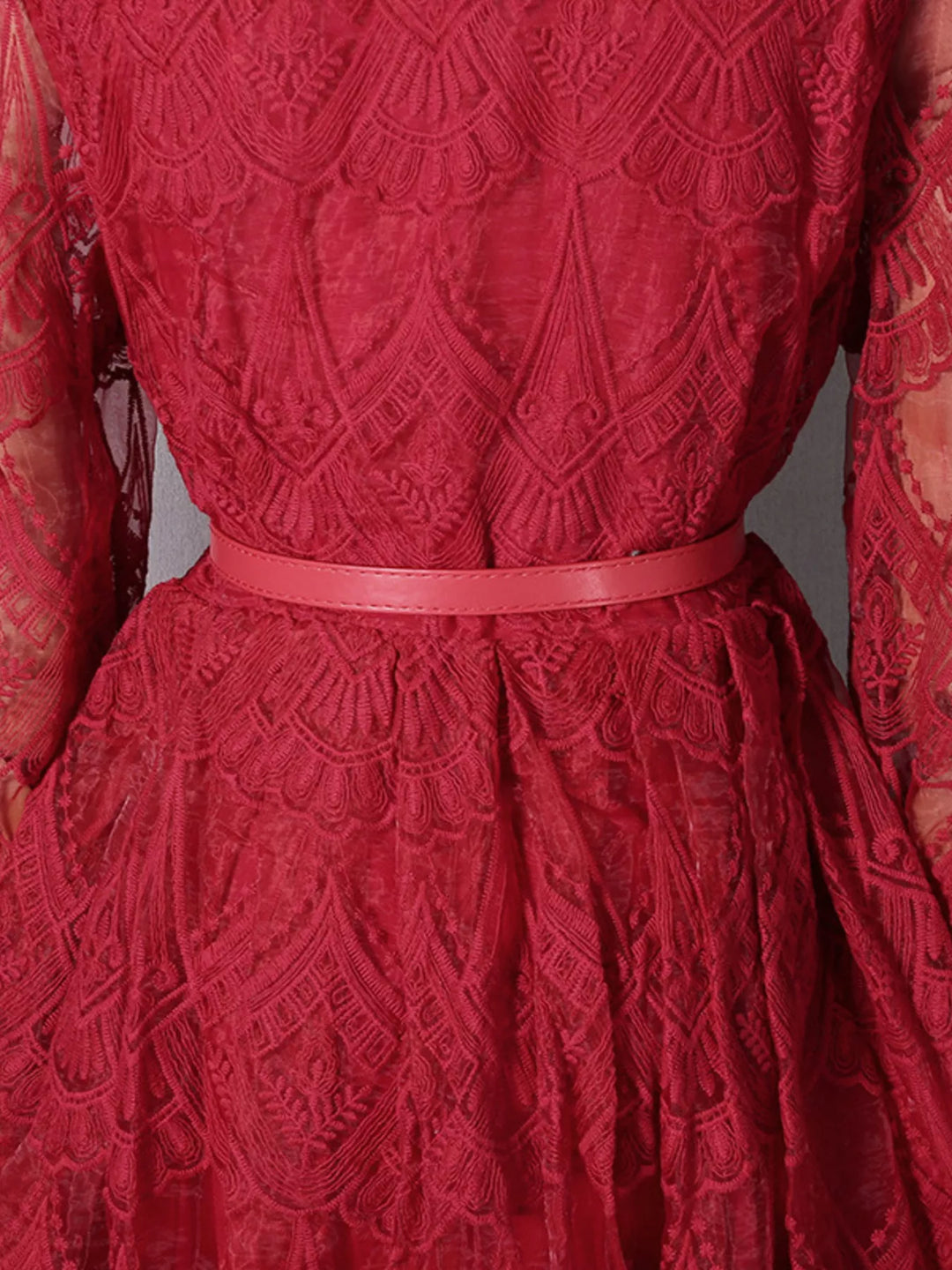 Belted lace button-front midi dress with notched collar