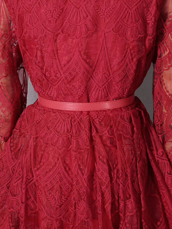 Belted lace button-front midi dress with notched collar