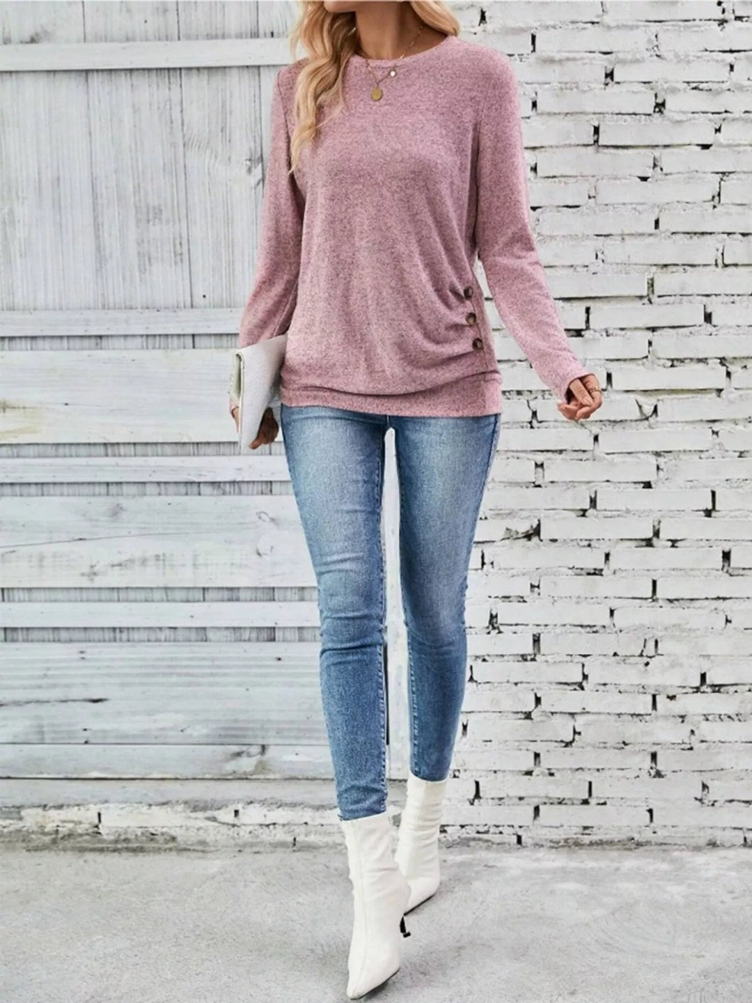 Decorative side-button long sleeve knit top