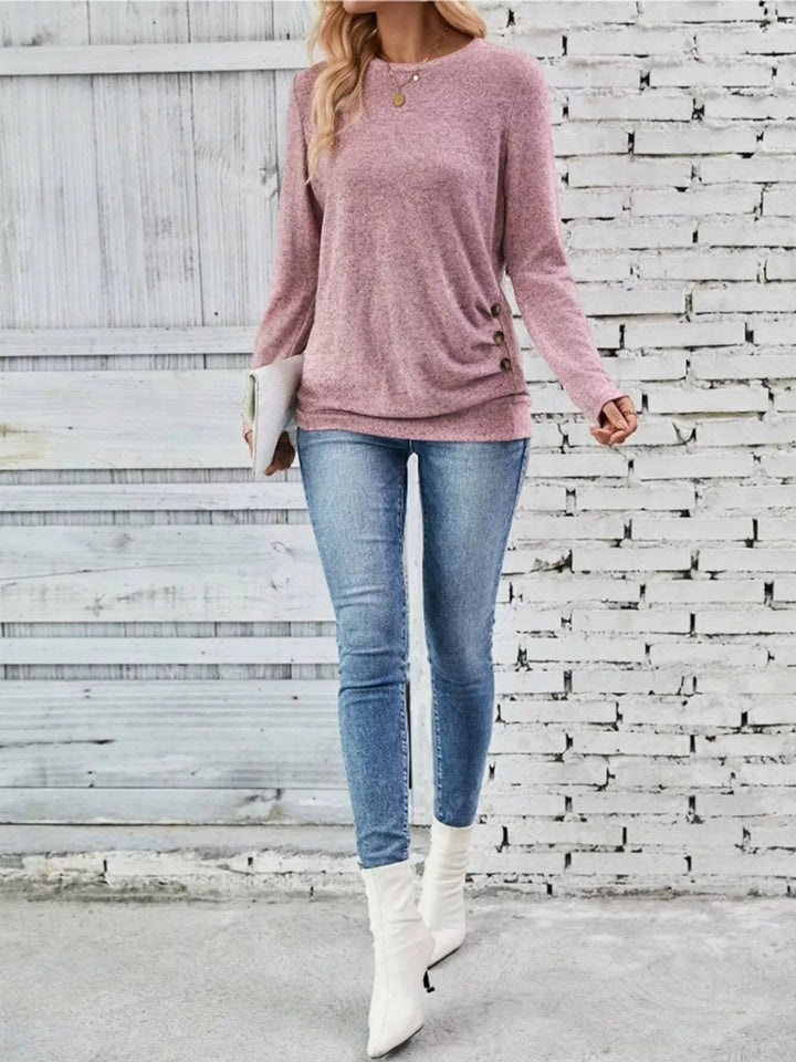 Decorative side-button long sleeve knit top