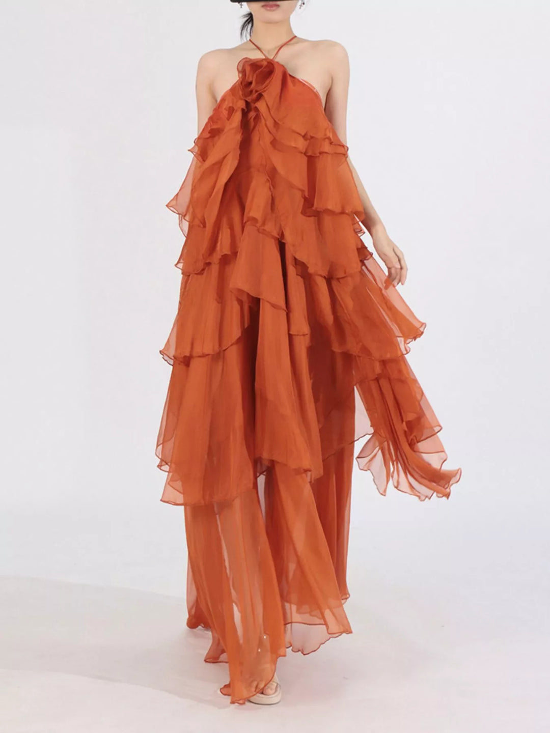 Tiered ruffle chiffon halter maxi dress with rosette