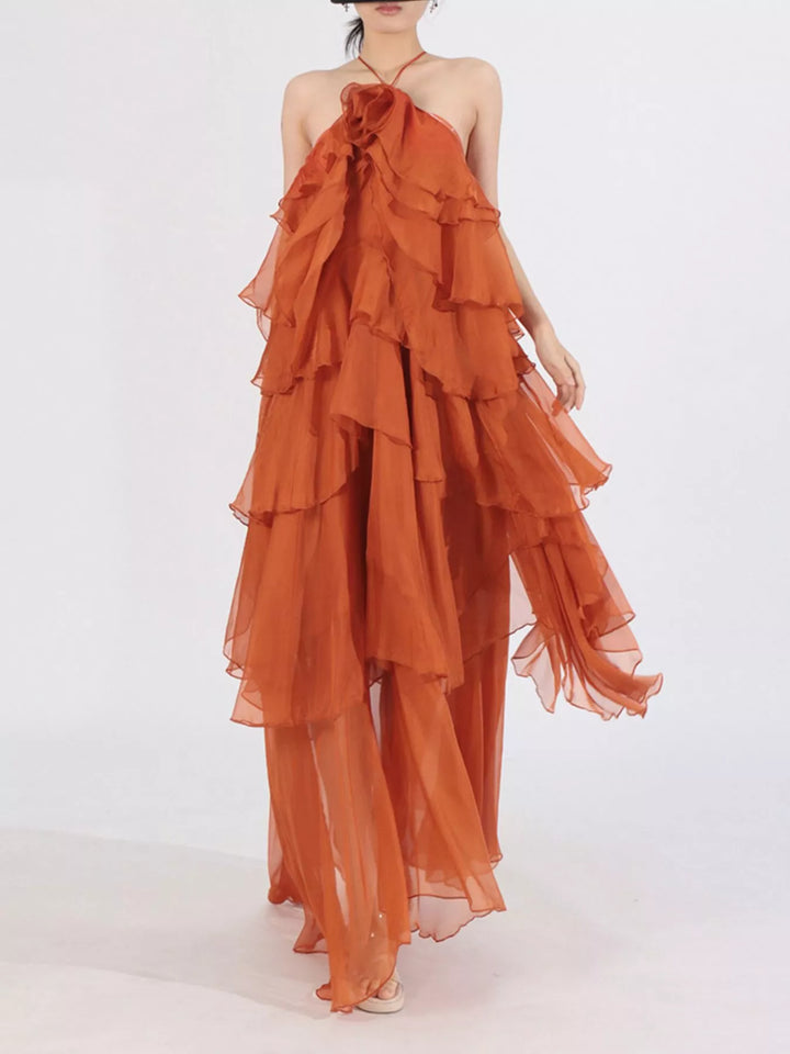 Tiered ruffle chiffon halter maxi dress with rosette