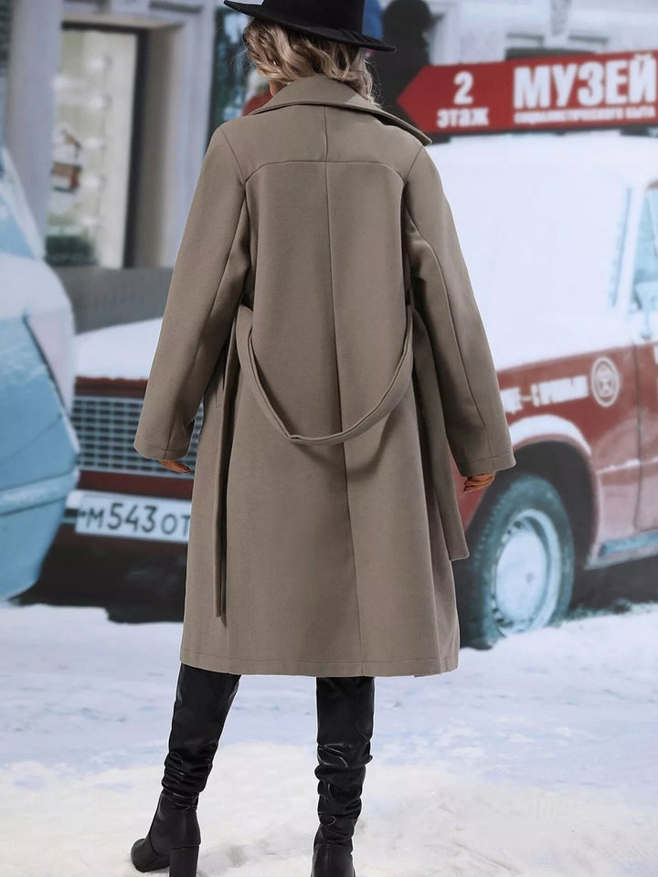 Double-breasted belted longline overcoat with lapel collar