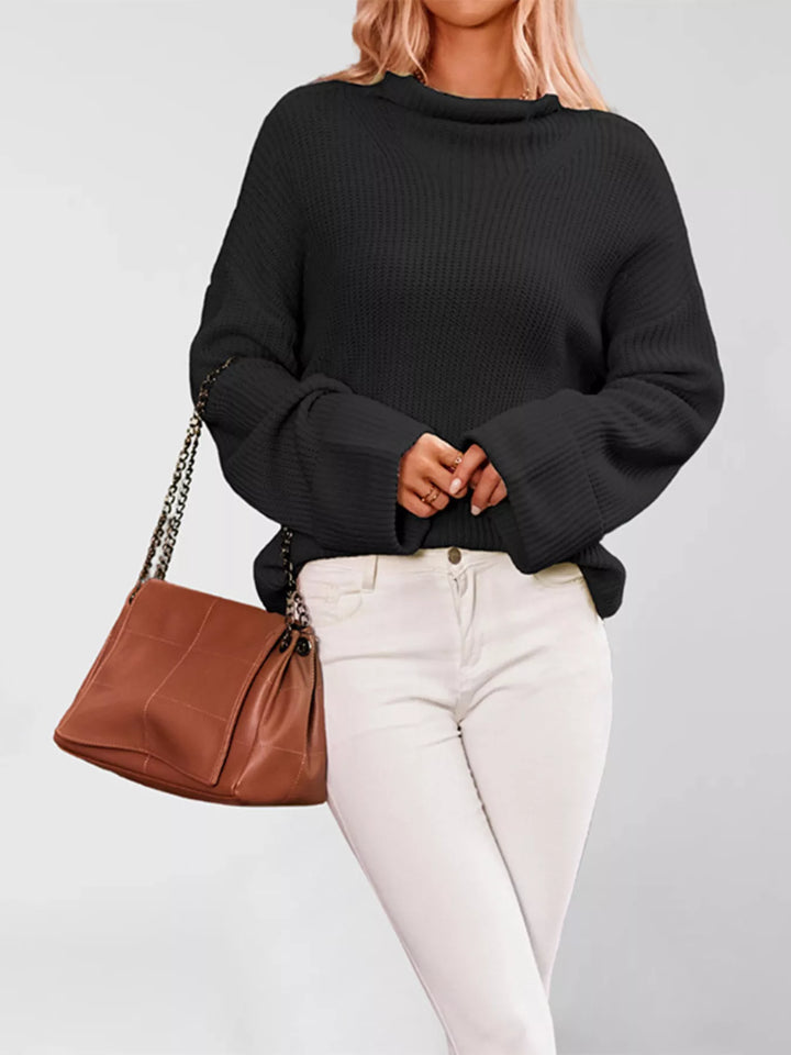 Black Oversized ribbed mock neck drop shoulder sweater