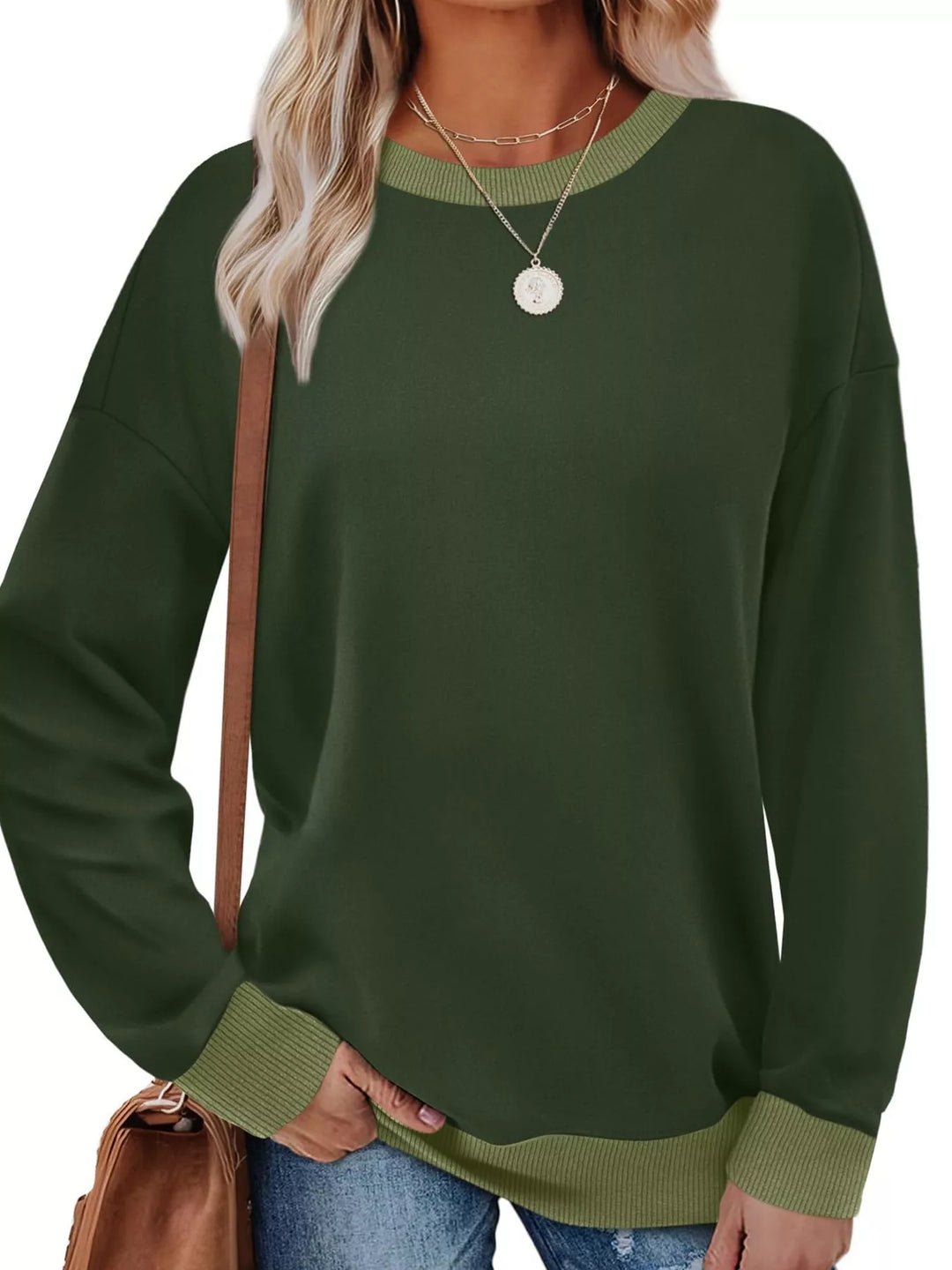 Green Drop-shoulder crew neck sweatshirt with contrast ribbed trim