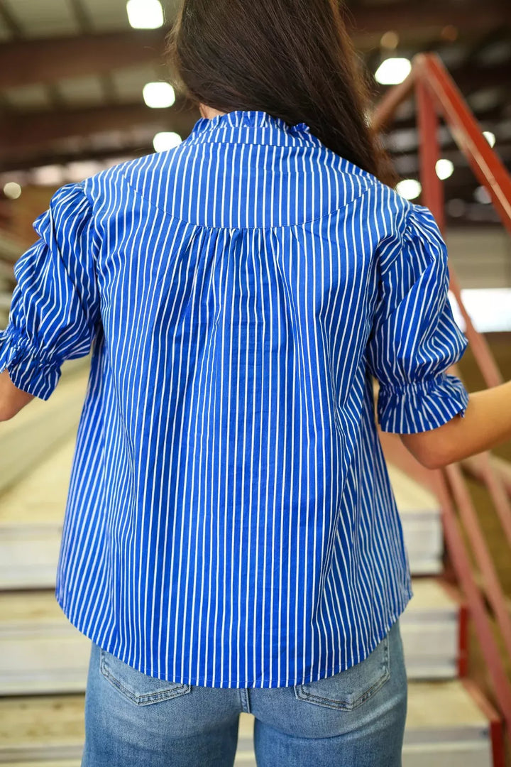 Striped ruffle puff sleeve button-front blouse