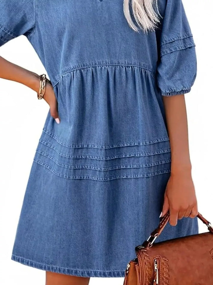 V-neck puff sleeve denim mini dress with pintuck pleating