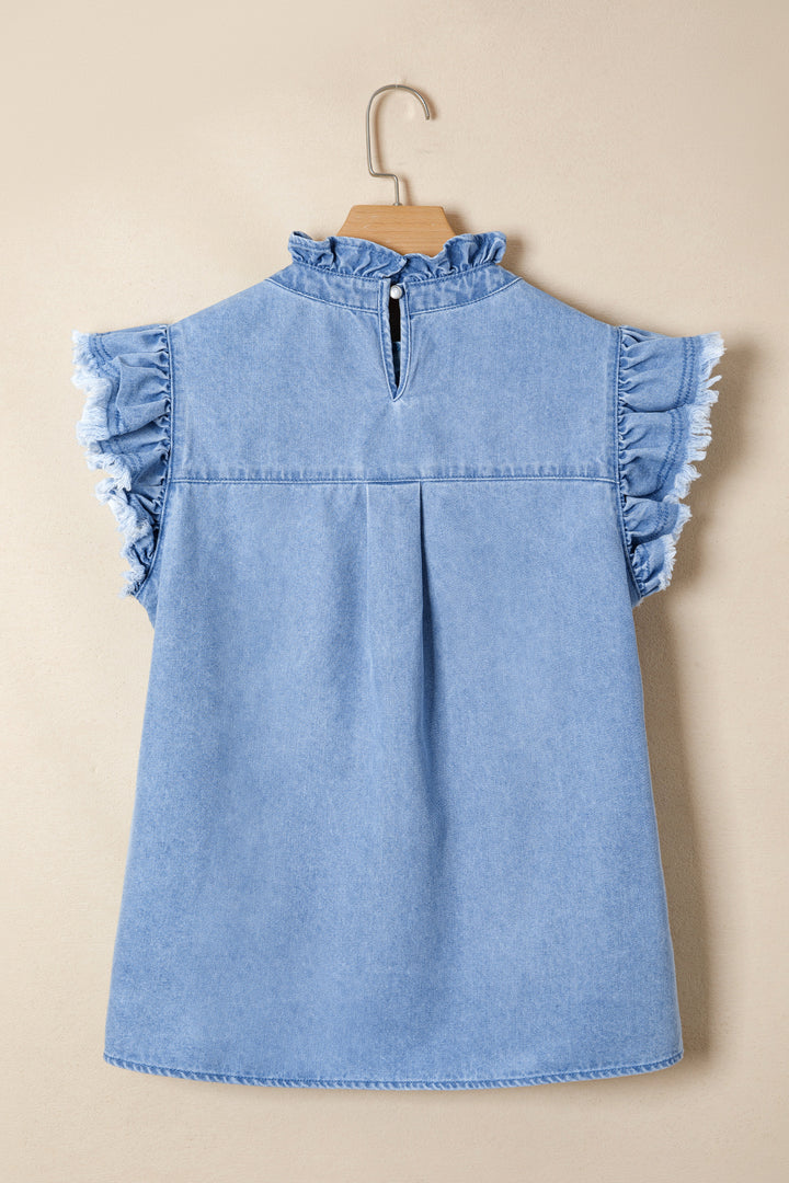 Frayed flutter sleeve denim top with frilled mock neck