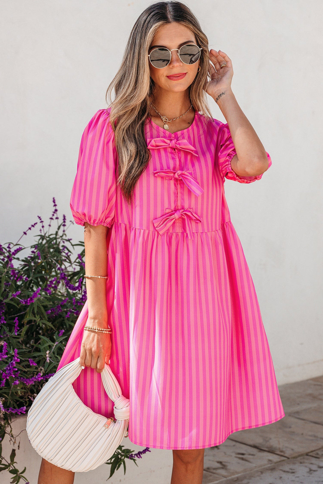 Striped puff sleeve mini dress with triple bow front - Pink