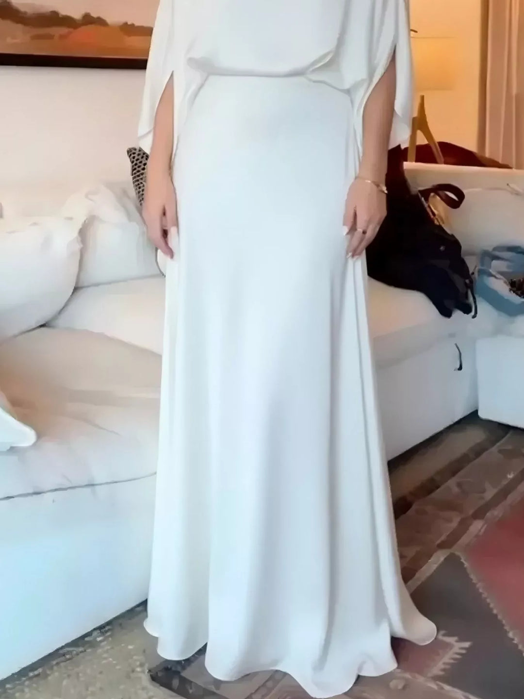 Satin batwing sleeve maxi dress with ruched bodice