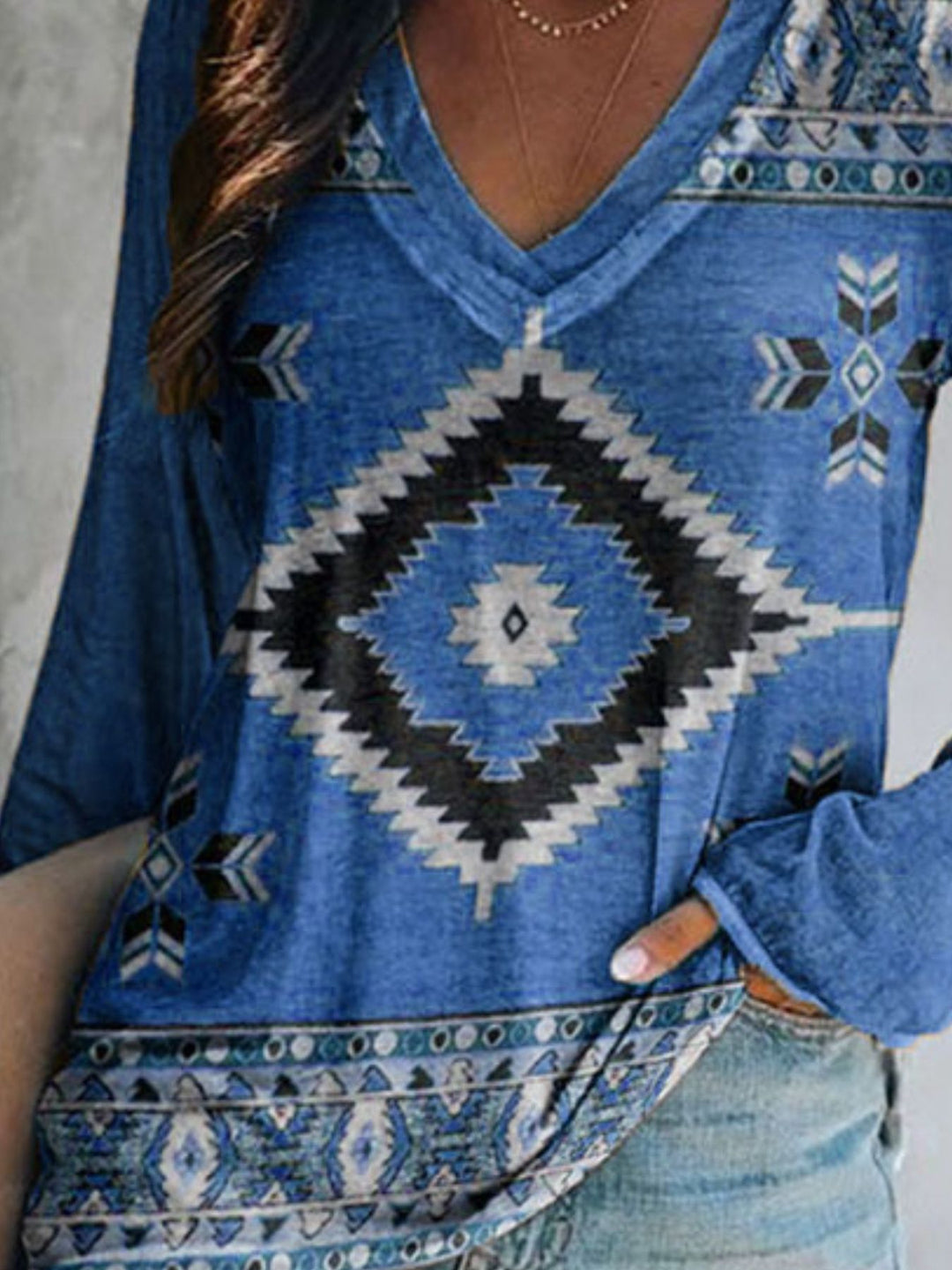 Aztec geometric print v-neck long sleeve top