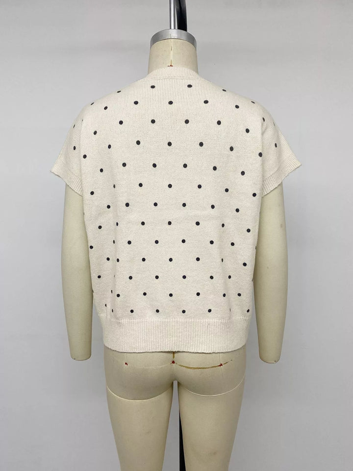 Polka dot short sleeve knit sweater with ribbed trim