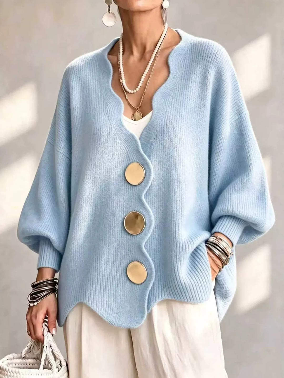 Sky Blue Scalloped-edge ribbed knit oversized button-down cardigan